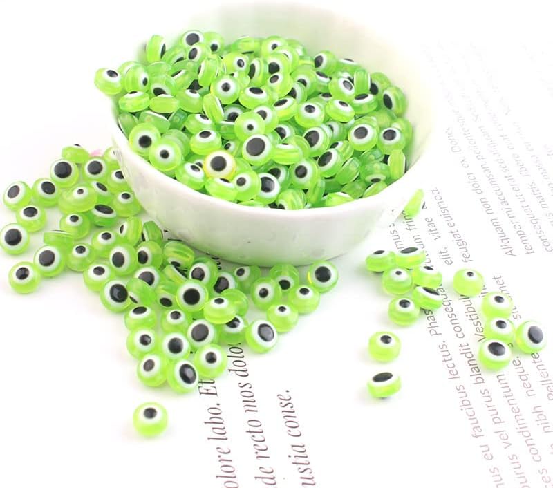 200pcs Flat Round Evil Eye Beads Handmade Resin Lampwork Bead 8mm Charms Spacer Beads with Elastic Rope for Bracelets Necklace Jewelry Craft Making (Grass Green) - Image 4