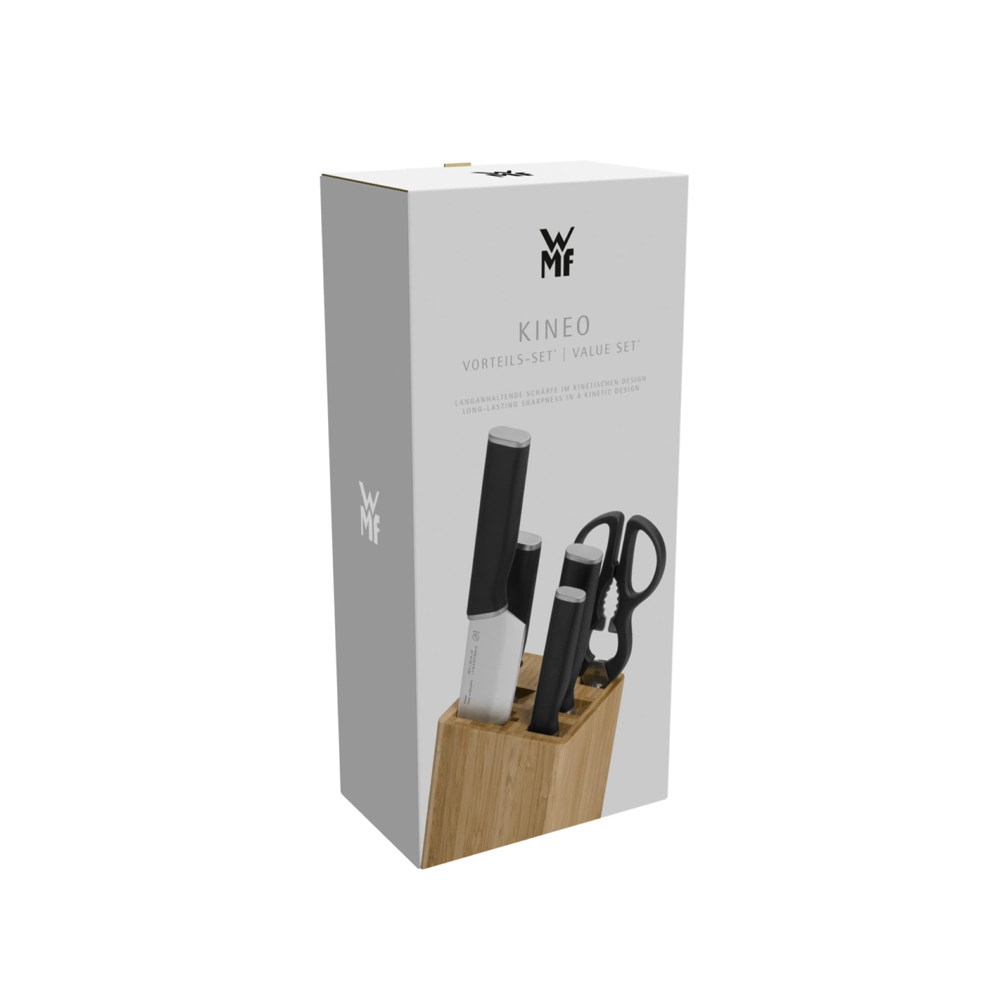 WMF Kineo - Juego 6 Piezas, 4 Cuchillos con Hoja de Acero Templado Especial y Tijeras Multiusos con Soporte FlexTec de Bambú