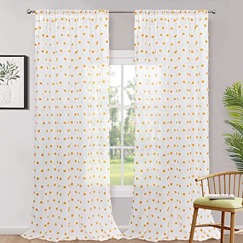 Image of MYSKY HOME Orange Pom Pom Sheer Curtains for Living Room 95 Inches 2 Pieces