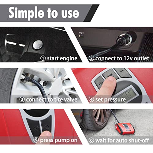 Image of CARTMAN Tire Inflator Portable Air Compressor, Auto Air Pump for Car /Bike with Digital Pressure Gauge & LED Light, Red