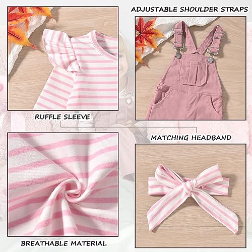 HINTINA 2PCS Baby Girls Clothes Toddler Jumpsuit Rompers Adjustable Ripped Jeans Overalls Set with Long Sleeve Stripe T-Shirt4