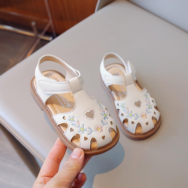 Toddler Girls Sandals – Soft Sole Summer Shoes with Heart Cutouts and Embroidery – Pink or Beige2