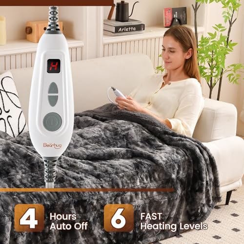 Bearhug Heated Throw Blanket 50" x 60" Electric Throw Warming Blanket Reversible Faux Fur & Sherpa, 6 Heating Levels & 4H Auto Off, Over-Heat Protect, ETL, Washable Heated Blanket Marble Black