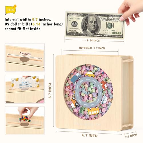 Image of Summidate Wooden Money Saving Box, Clear Window Cash Vault Savings Box with DIY Stickers, Personalized Car Piggy Bank for Kids & Adults, Birthday /Baby Shower /Wedding Gift