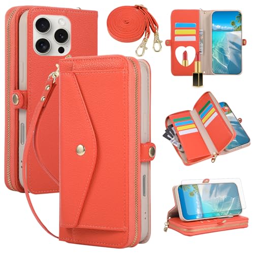 Étui iPhone 16 Pro Asuwish portefeuille en cuir avec fermeture éclair et bandoulière