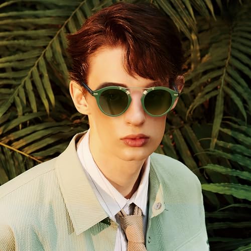 Image of CARFIA Small Face Acetate Polarized Sunglasses for Women UV Protection, Retro Double Bridge Eyewears Metal Brow Round Sunnies
