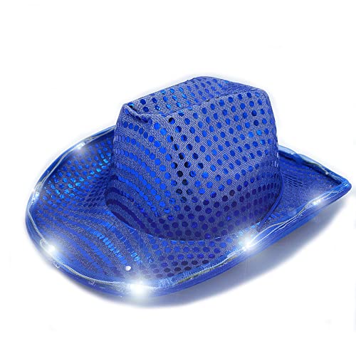 LEEMASING Sombrero LED de Vaquero Lentejuelas Azul