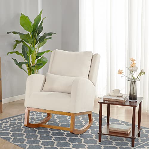 Iroomy Modern Accent Rocking Chair, Upholstered Rocking Chair Glider Rocker High Back Arm Chair W/2 Side Pockets, Rocking Chair Indoor For Living Room/Bedroom/Nursery-Beige #TOP5