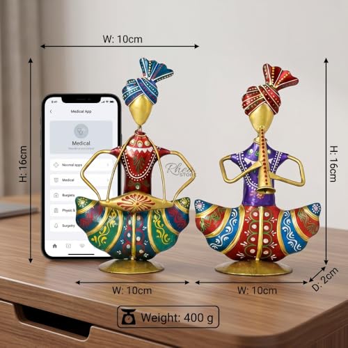 Image of Sitting Sardar Set of 2 Multicolour Handcrafted Rajasthani Musician Figurines, Traditional Metal Table Decor Showpiece for Office Desk, Corporate Bulk Gifting (2x10x16 cm)