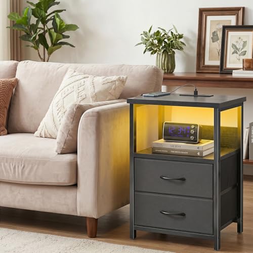 Image of Fixwal Nightstand Set of 2 Night Stand with Charging Station, LED Nightstand with Fabric Drawers, End Table with PU Finish, Bed Side Table, Black