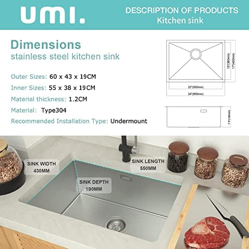 UMI 60CM*44CM Single Bowl Kitchen Sink 18 Gauge Undermount Stainless Steel Kitchen Sink, Bar or Prep Kitchen Sink