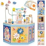 Gleamkid Large Wooden Space Activity Cube Toys, 9-in-1 Early Educational Montessori Learning Toys for 2 3 4 Toddlers with Abacus Bead Maze for 24+ Months Boys Girls First Birthday
