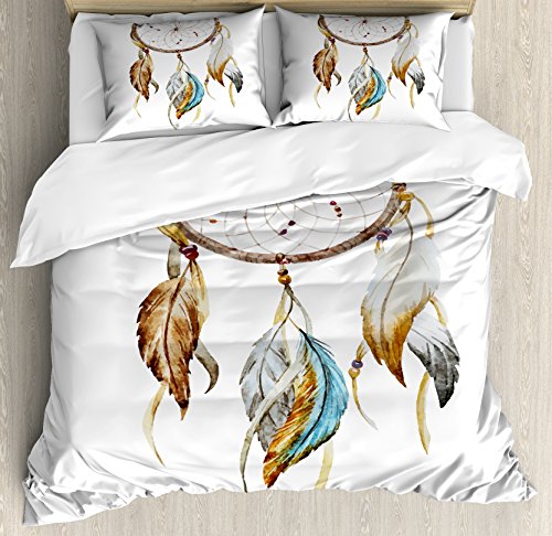 Ambesonne Feather Duvet Cover Set, Watercolor Style Ornament Dream Catcher Elements, Decorative 3 Piece Bedding Set with 2 Pillow Shams, King Size, Blue Grey