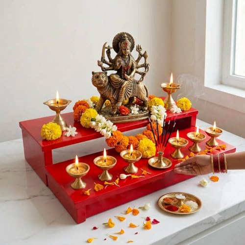 Image of Premium Wooden 2-Tier Puja Chowki in Glossy Red-Multi-level Worship Pedestal Stand for Idols,Diya,and Home Mandir(Size40x25x8 cm)Traditional Worship Platform with Storage Space (Auspicious Shubh Rang)