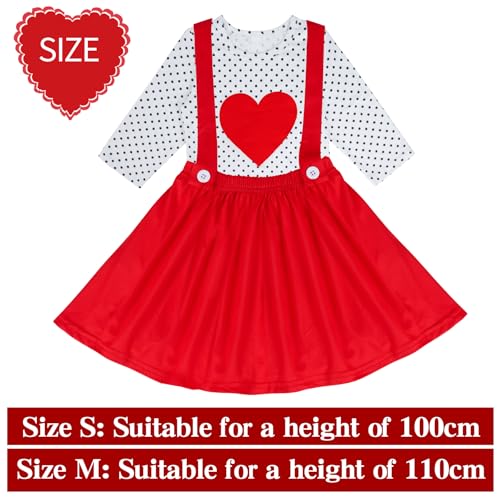 Image of Girls Valentine's Day Dress Outfit, Long Sleeve Dot Heart Shirt Top and Red Suspender Strap Skirts Set (Red, M)