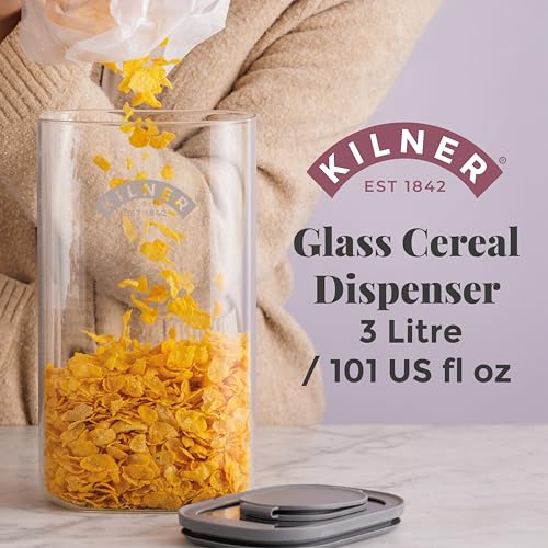 Image of Kilner 3 Litre Glass Cereal Dispenser | Storage Jar with Airtight Glass & Silicone Lid | Easy-Pour Spout for Mess-Free Serving | Food Dispenser for Cornflakes, Beans, Granola and Pet Food