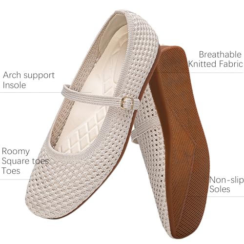 Image of Buyrew Women's Mary Jane Flats Breathable Mesh Square Toe Ballet Flats with Arch Support Washable Non Slip Casual Dress Shoes for Work Office