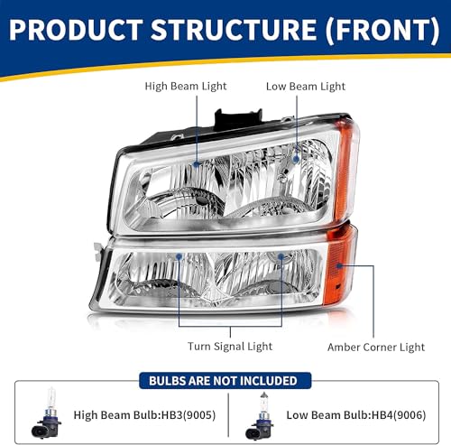 Headlights and Taillights Assembly Combo Kit for 2003-2006 Chevy Silverado 1500 2500 3500 - 2007 Chevy Silverado Classic Replacement Head/OE Factory Style Red Rear Brake Tail Lights Lamps,Chrome Amber - Image 6
