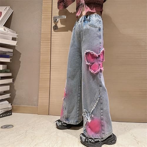 Girls Trendy Butterfly Print Y2k Jeans Baggy Wide Leg Ripped Dark Blue Denim Pants Elastic Waist Denim Sweatpants4
