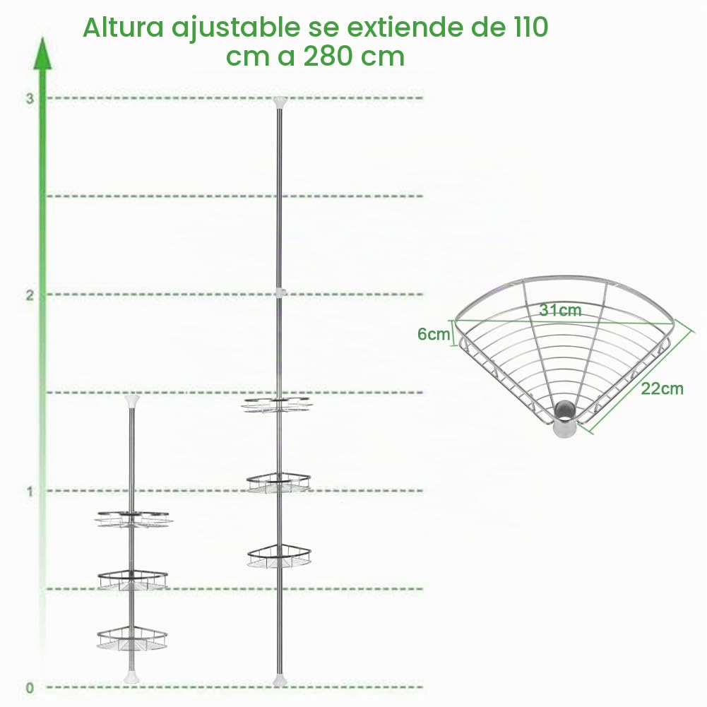 Estantería de ducha telescópica de acero inoxidable para alturas de 110 a 280 cm – Servidor de ducha con 3 cestas – Estantería telescópica de ducha antideslizante – Montaje sin perforación (INOX, 3