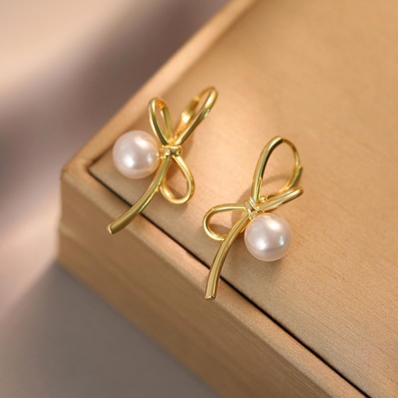 Pearl Bow Earrings for Women Gold Bow Earrings Bow Pearl Stud Earrings Pearl Bowknot Statement Earrings Jewelry Gifts for Women - Image 7