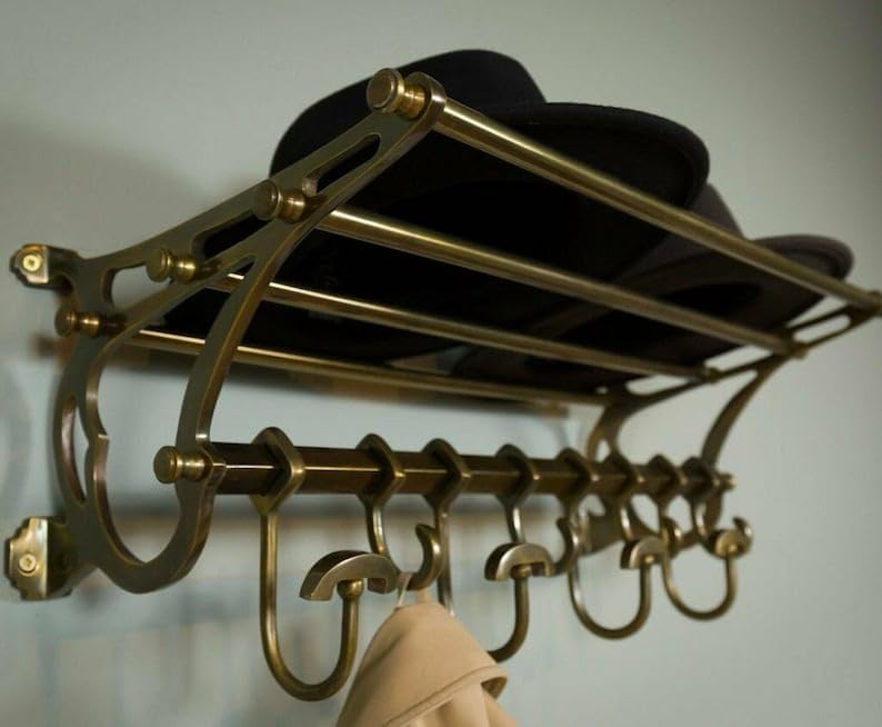 French Coat Rack Luggage Rack Wall Mounted Shelf Vintage Luxury Home Decor- Antique Brass Finish with 8 hooks