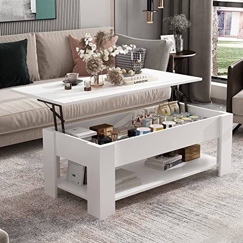 Homsee Lift Top Coffee Table With Hidden Storage Compartment And Open Shelf, Modern Central Table With Lift Tabletop For Living Room, White (41.3”L X 19.6”W X 14.9”H) #TOP17