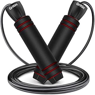 Skipping Rope, Gritin Speed Jump Rope, Tangle-free Adjustable Rope, Rapid Ball Bearings & Soft Foam Handle Design, Lightweight for Adults, Kids, Fitness, Fat Burning [Rope Length Adjuster Included]