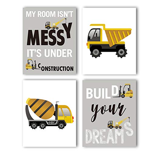 HPNIUB Construction Trucks Picture Cartoon Construction Transport Vehicle Art Print Set of 4