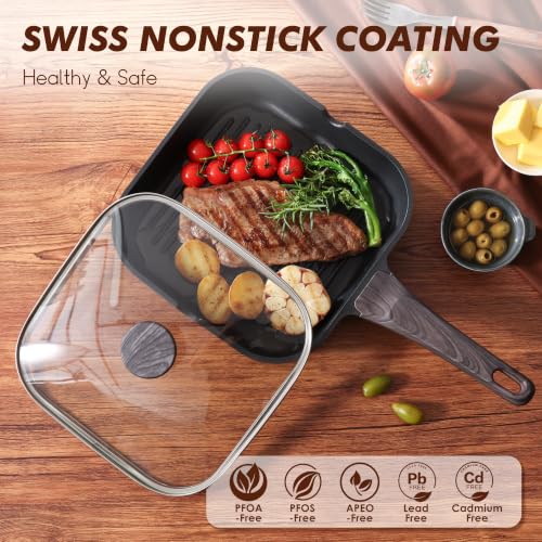 Image of SENSARTE Nonstick Grill Pan with Lid, Grill Pan for Stove Tops, Versatile Griddle with Pour Spouts, Square Big Cooking Surface, Durable Skillet Indoor & Outdoor Grilling. PFOA Free, 9.5 Inch