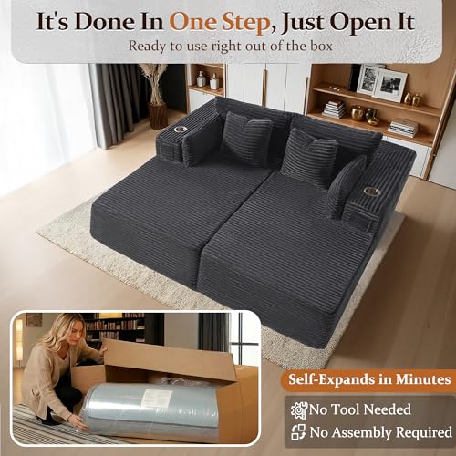 Image of 72 inch Cloud Sectional Couch, Comfort Sleep Sofa for Living Room, Extra Deep Seats No Assembly, Minimalist Modular Couch, Corduroy (Dark Grey, Loveseat Chaise)