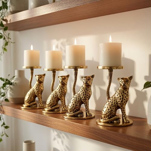 Image of BEHOMA Handcrafted Aluminium Jaguar Pillar Candle Holder, Gold - Pack of 5 | Tabletop Home Decor Showpiece House Warming for Men | Wedding & Anniversary Decorative | Gold (Candle Not Included)