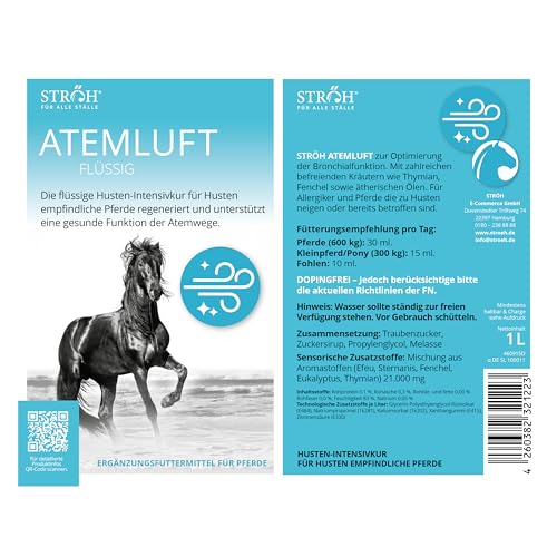 STRÖH ATEMLUFT (1l) • Hustensaft Pferd • Husten-Sirup zur Beruhigung der Atemwege bei Pferden • Husten Liquid