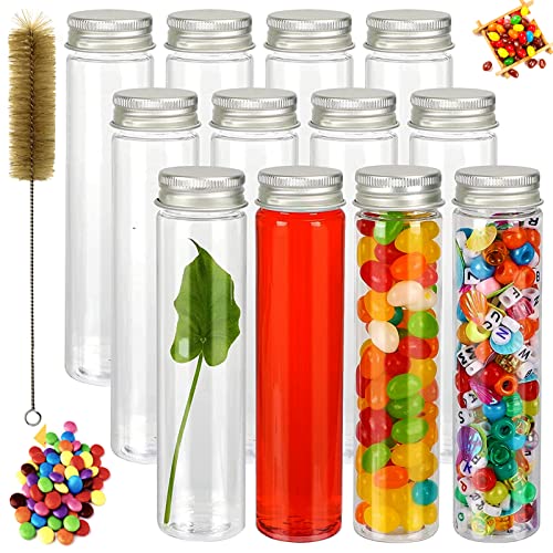 12 PCS Tubes à Essai en Plastique, 110 ML Bouteille Sensorielle Vide avec Bouchon à Vis et Brosse de Nettoyage, tube Plastique Transparent avec Bouchon, pour Fleurs, Bonbons, Épices