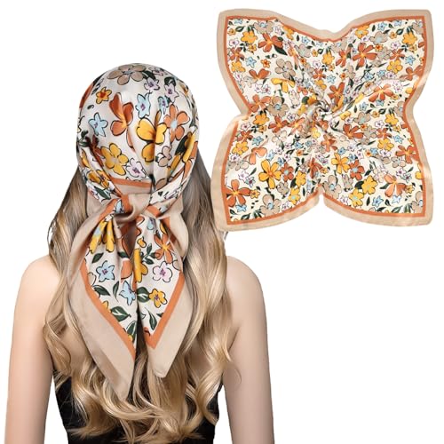 Relang Fashion silk Satin Head Scarf for Women Hair Bandana Hair Scarf Wrap Neck Scarf for Women 27.5×27.5 inches Khaki Pastoral Small Floral