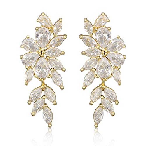 Women's Cubic Zirconia Wedding Earrings - 14k Plated Sterling Silver Bridal Crystal CZ Cluster Floral Flower Dangle Drop Earring for Bride Bridesmaids Party Prom Girls Costume Jewelry