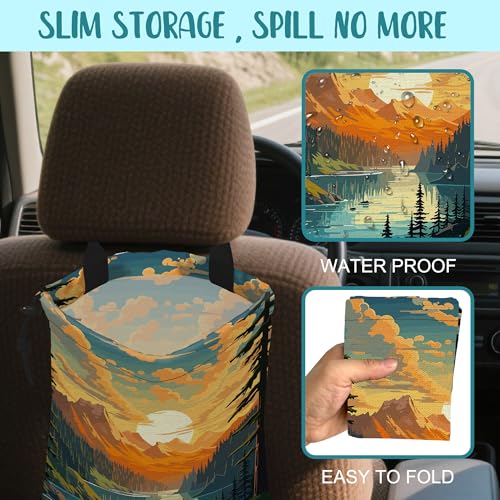 Image of Car Garbage Bag Mountain Lake and Sunrise Drawstring Car Trash Bag Hanging for Back Seat with Adjustable Buckle Canvas Vehicle Trash Can Easy-to-Install