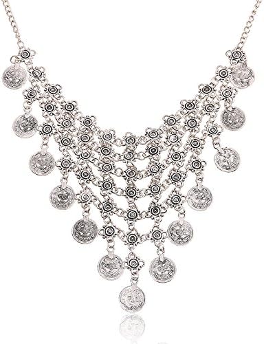 Retro Gypsy Coins Tassel Charm Statement Ethnic Necklace for Women Men Vintage Bollywood Collar Bib Boho Indian Tribal Pendant Fashion Oxidized Jewelry Bohemian Exaggerated Costume Gift