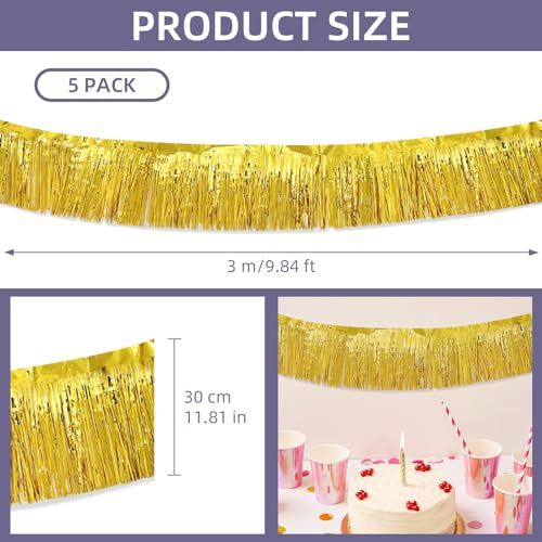 Image of 5 Pack 10 Feet Gold Fringe Garland Foil Fringe Garland Metallic Tinsel Streamers Fringe Backdrop Banner for Parade Floats Birthday Party Decorations Halloween Christmas Decoration (Gold)