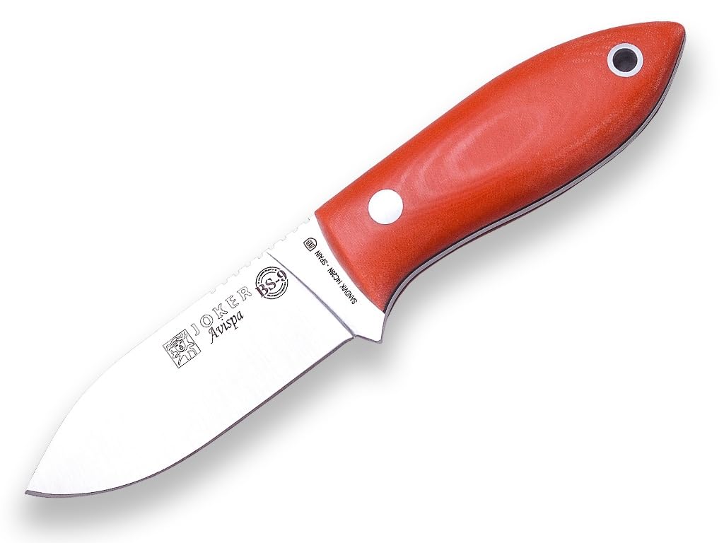 Joker Hunting Knife BS9 Avispa CN117, Orange Micarta Canvas Handle, 3.15 inches Blade of Sandvik 14C28N and Kydex Sheath, Tool for Fishing, Bushcraft, Camping and Hiking