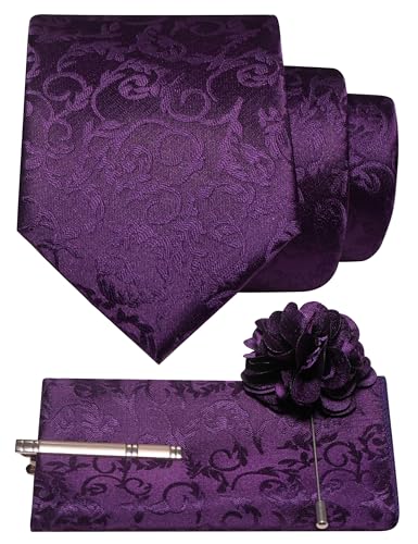 JEMYGINS Mens Purple Floral Tie and Lapel Pin Necktie Pocket Square and Tie Clip with Sets for Business Casual 4PCS(16)