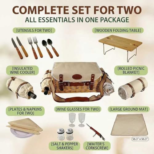 Image of Multifunctional Wicker Picnic Basket Set for 2 Adults with Picnic Table and Blankets,Large Insulated Picnic Set with Wine Pouch and Full Tablewares for Camping Outdoor Couples Natural Beach Wedding