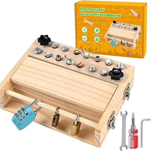 Agarte Montessori Screwdriver Board Set for 3 4 5 year olds, Wooden Kids Tool Set with Lock and Key, Montessori Busy Board, Wooden Montessori Sensory Toys for Toddlers Travel, Fine Motor Skills Toys