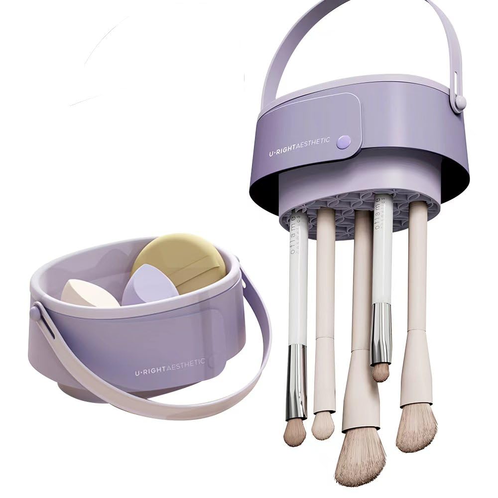 Foldable makeup brush cleaning bowl, makeup sponge drying rack (purple)