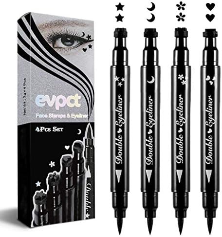 4 in 1 Flowers Hearts Moon Stars Shapes Face Stamps Eyeliner Pen Set, Face Tattoo Makeup Stamp Liquid Eyeliner Black Wing Winged Cat Eye Freckle Stamp Eyeliner Pencil Pen Waterproof Long Lasting