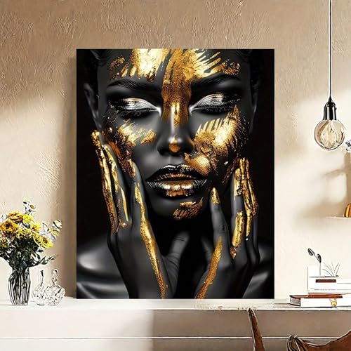 Tableau femme africaine noir et or 30x45cm avec cadre interne pour decoration salon