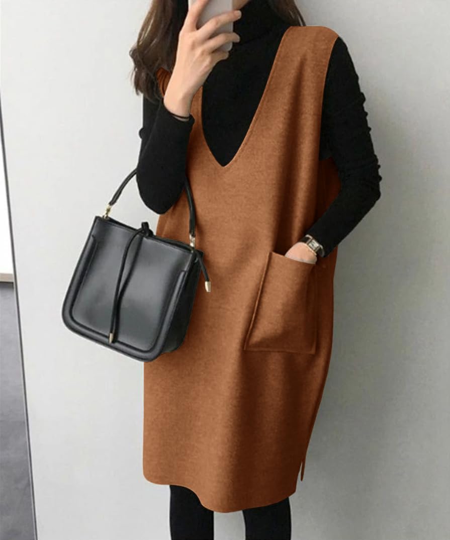 CHOUYATOU Women's Long Wool Vest Sleeveless V Neck Wool Blend Midi Vest Dress with Pockets