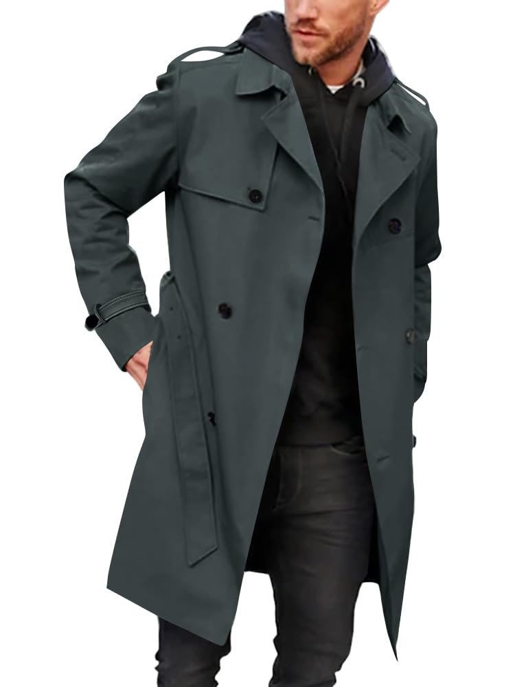 Pretifeel Trenchcoat für Herren, schmale Passform, zweireihig, lang, gekerbter Revers-Gürtel, winddichter Herbstmantel