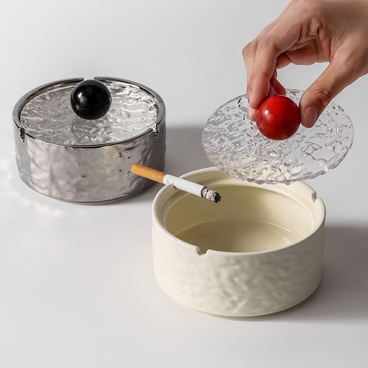 Przenośny Popielniczka ceramiczna na biurko Podróżna przenośna popielniczka ze szklaną pokrywką Na zewnątrz(Biały)