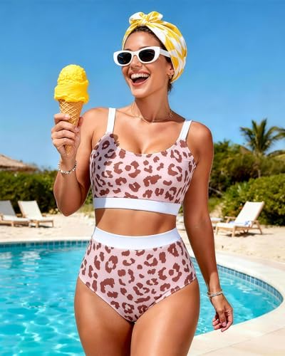 Image of Womens High Waisted Bikini Sets Sporty Crop Top Color Block Swimwear Bandeau Scoop Neck Vintage Two Piece Bathing Suits